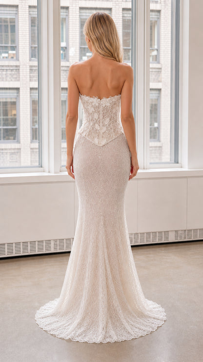 Back view of white strapless mermaid evening dress