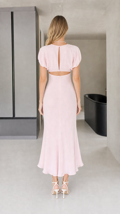Back view showcasing open back cutout detail in pink