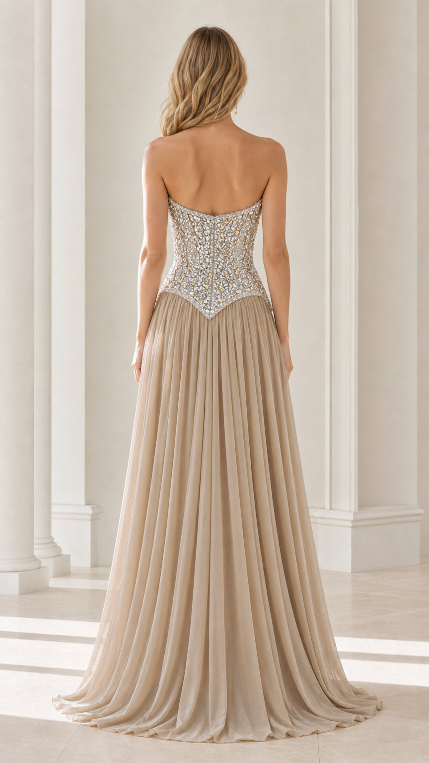 Back view of strapless maxi dress in champagne