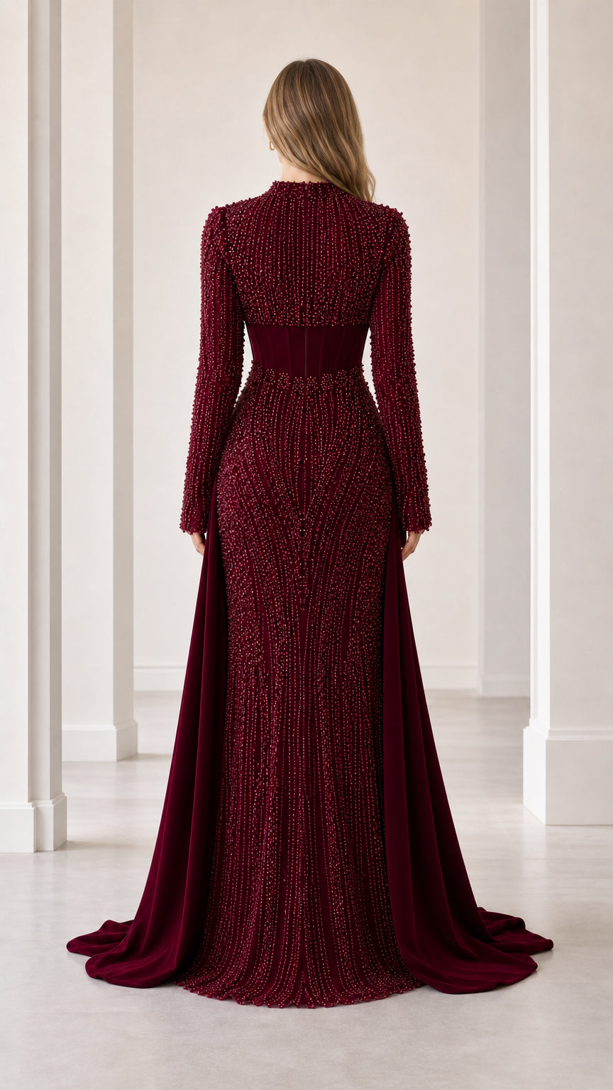 Back view of model in burgundy embellished floor-length evening gown