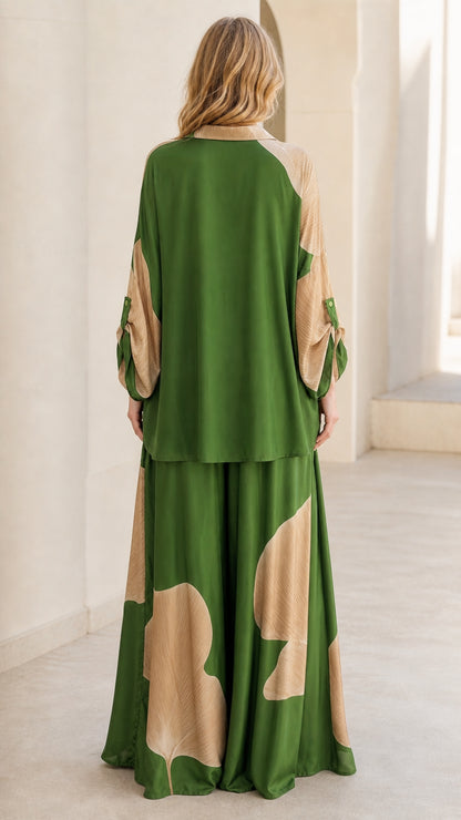 Back view of green and beige two-piece outfit