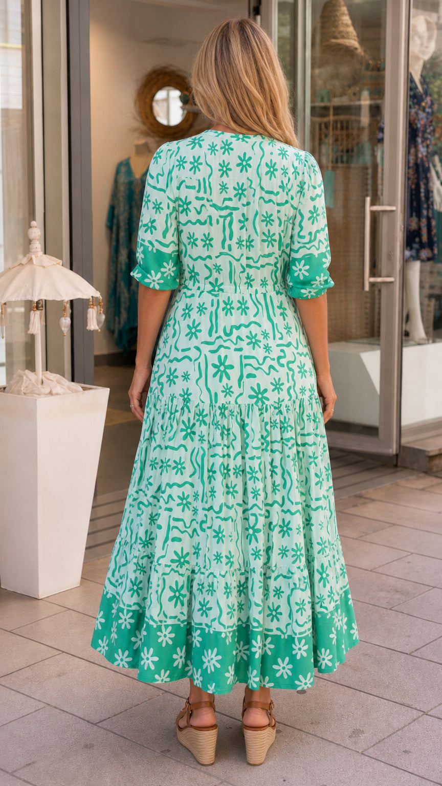 Back view of mint green maxi dress