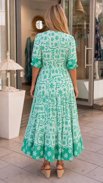 Back view of mint green maxi dress