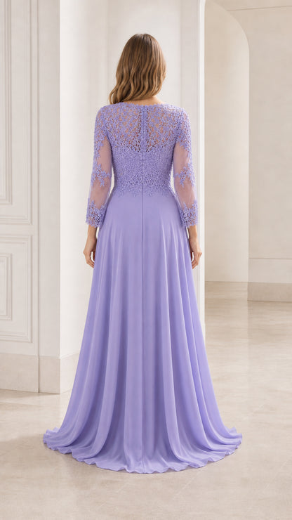 Back view of the lavender evening gown with lace upper back