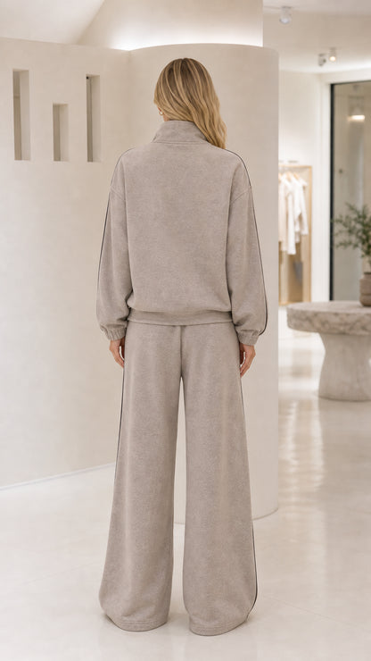 Back view of the taupe wide-leg tracksuit set