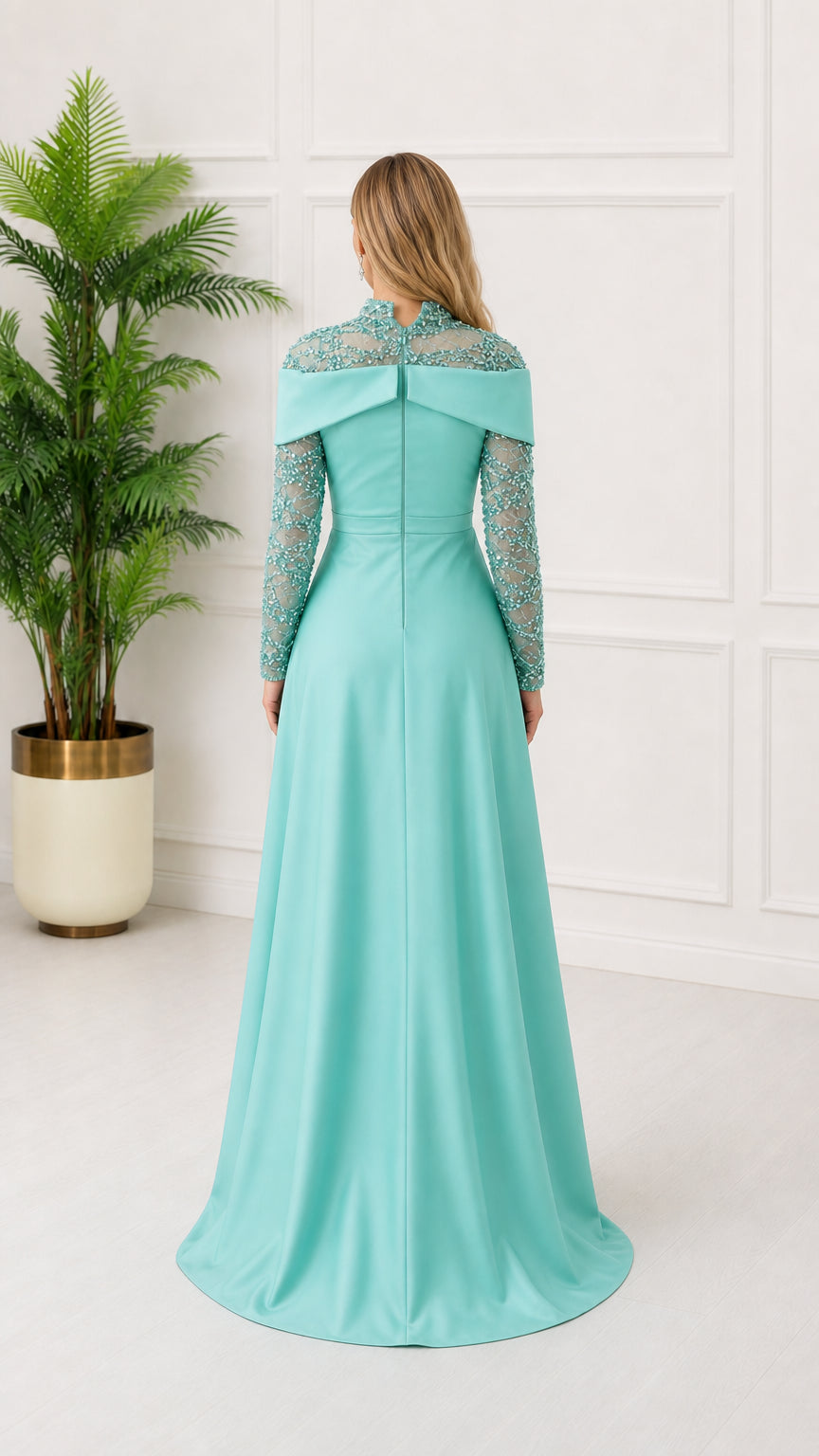 Back view of mint formal dress with zipper closure