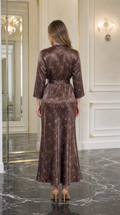 Back view of brown satin two-piece set