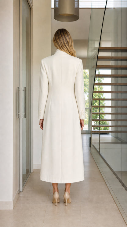 Back view of woman wearing elegant ivory tailored maxi coat dress showing fitted back seams