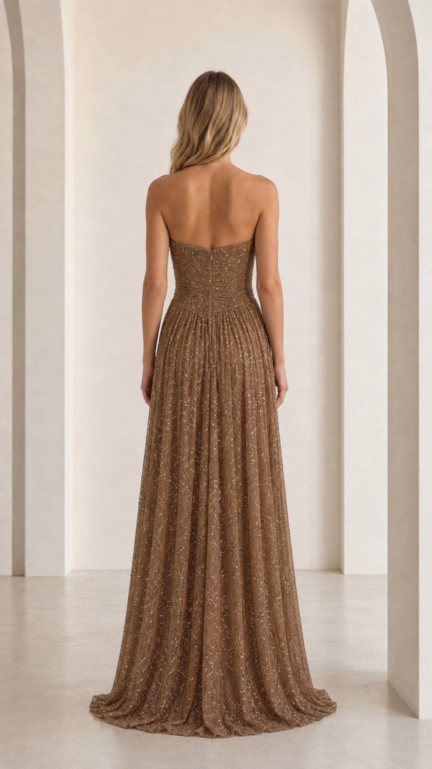 Back view of bronze sequin evening gown