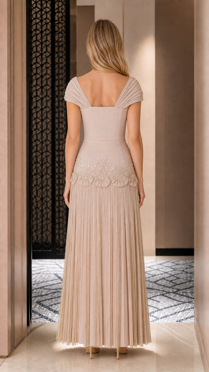 Back view of champagne formal dress