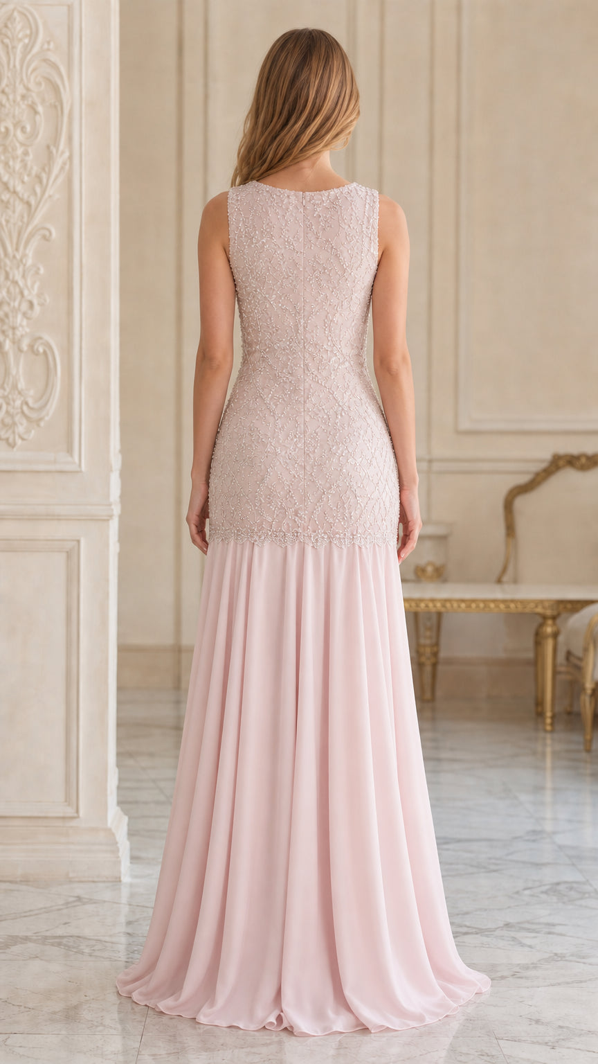 Back view of sleeveless blush pink lace and chiffon maxi gown