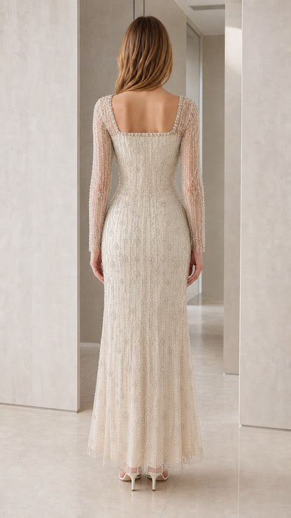 Back view of Champagne square back beaded formal gown