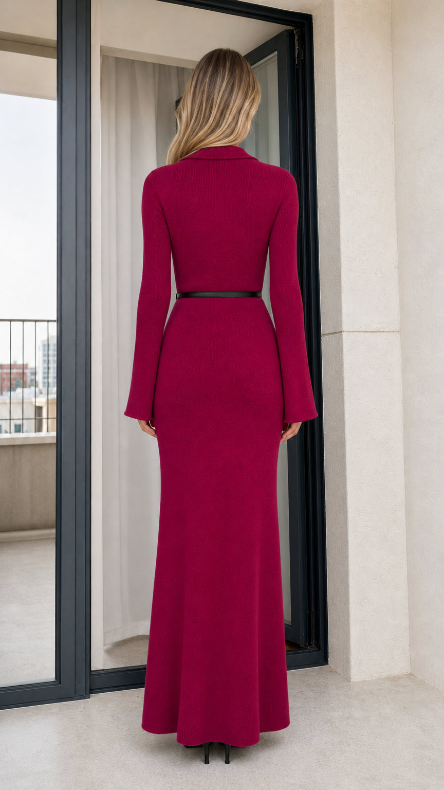 Back view of model wearing magenta belted long knit maxi dress