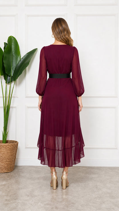 Burgundy high-low formal chiffon dress back view