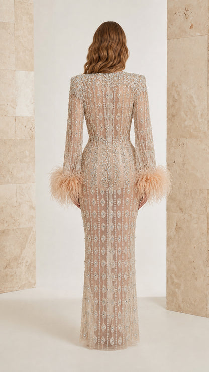 Champagne beaded column evening dress back view