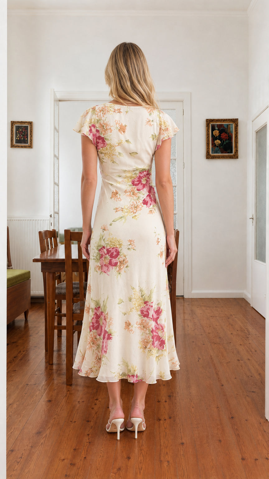 Back view of model wearing cream floral midi dress