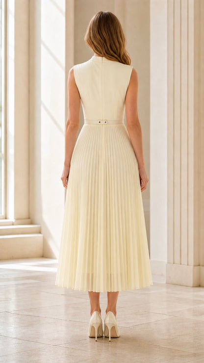 Back view of cream pleated midi dress