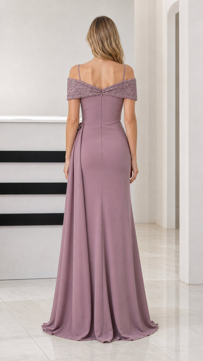 Back view of dusty mauve floor-length evening dress with draped shoulder straps