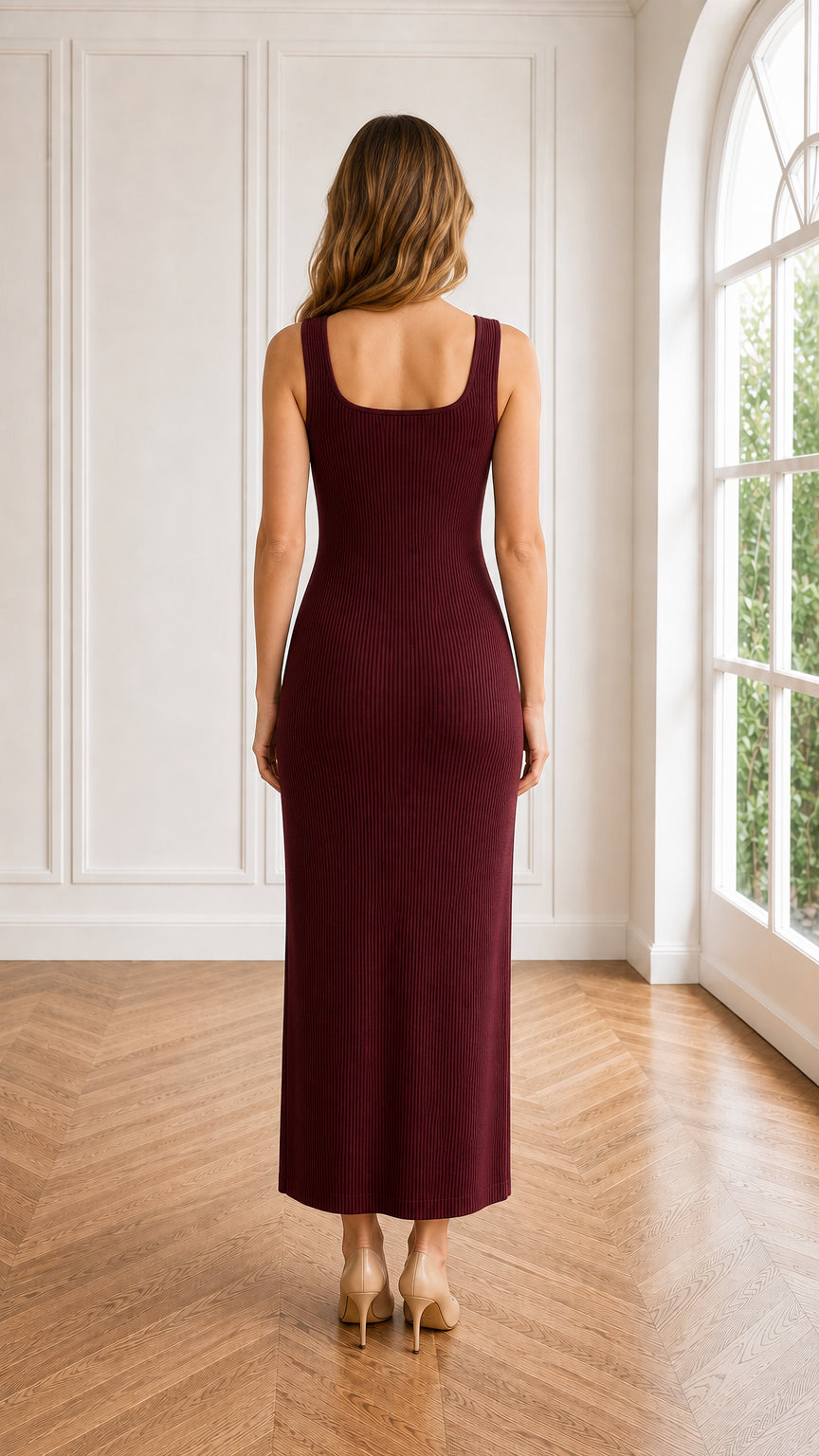 Back view of square neck burgundy ribbed knit tank dress