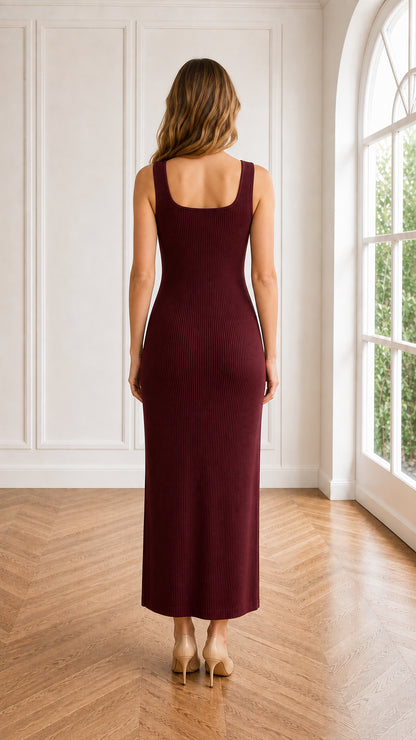 Back view of square neck burgundy ribbed knit tank dress