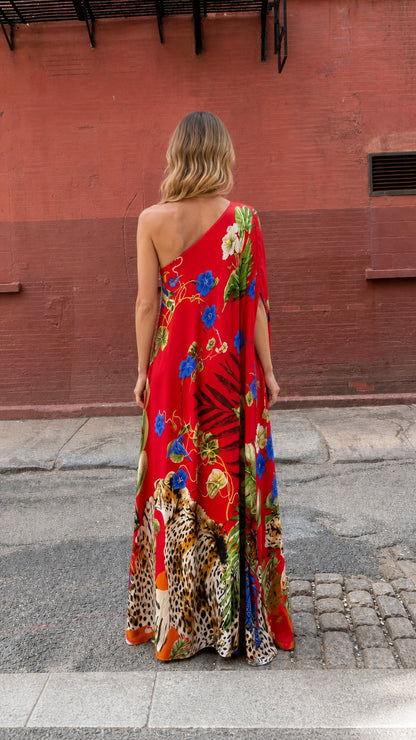 Back view of red tropical print maxi dress