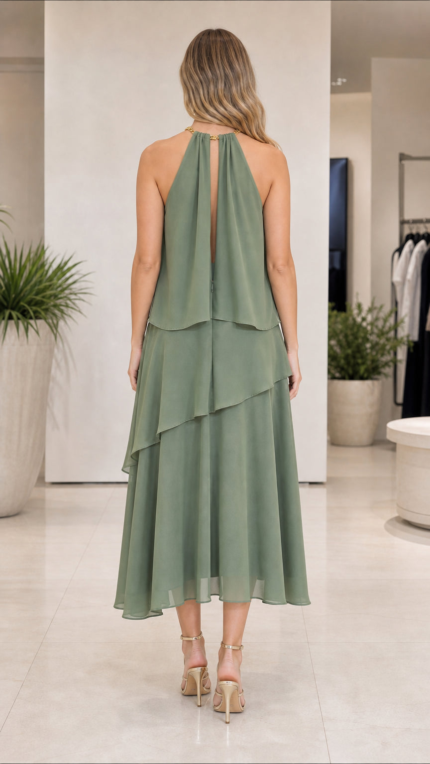 Sage tiered midi dress shown from the back
