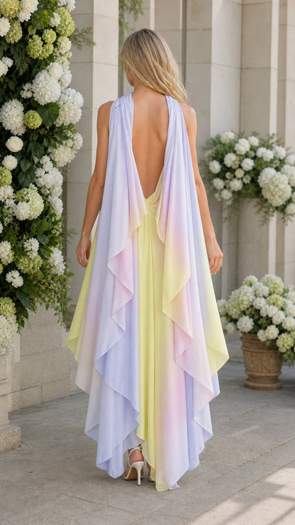 Back view of model showing flowing cape details on multi ombre dress
