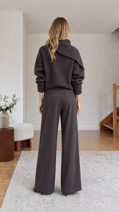 Back view of dark brown relaxed fit ribbed knit pullover sweater
