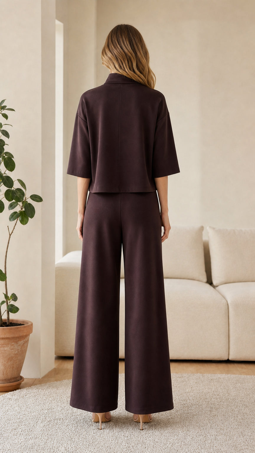 Back view of dark brown lounge set showing relaxed fit