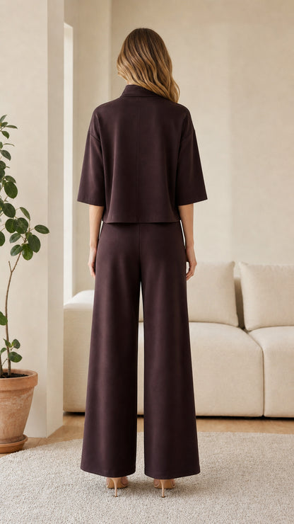 Back view of dark brown lounge set showing relaxed fit