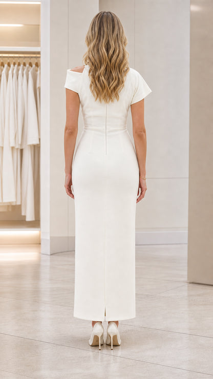 Back view of ivory column maxi dress showing back zipper and hem slit