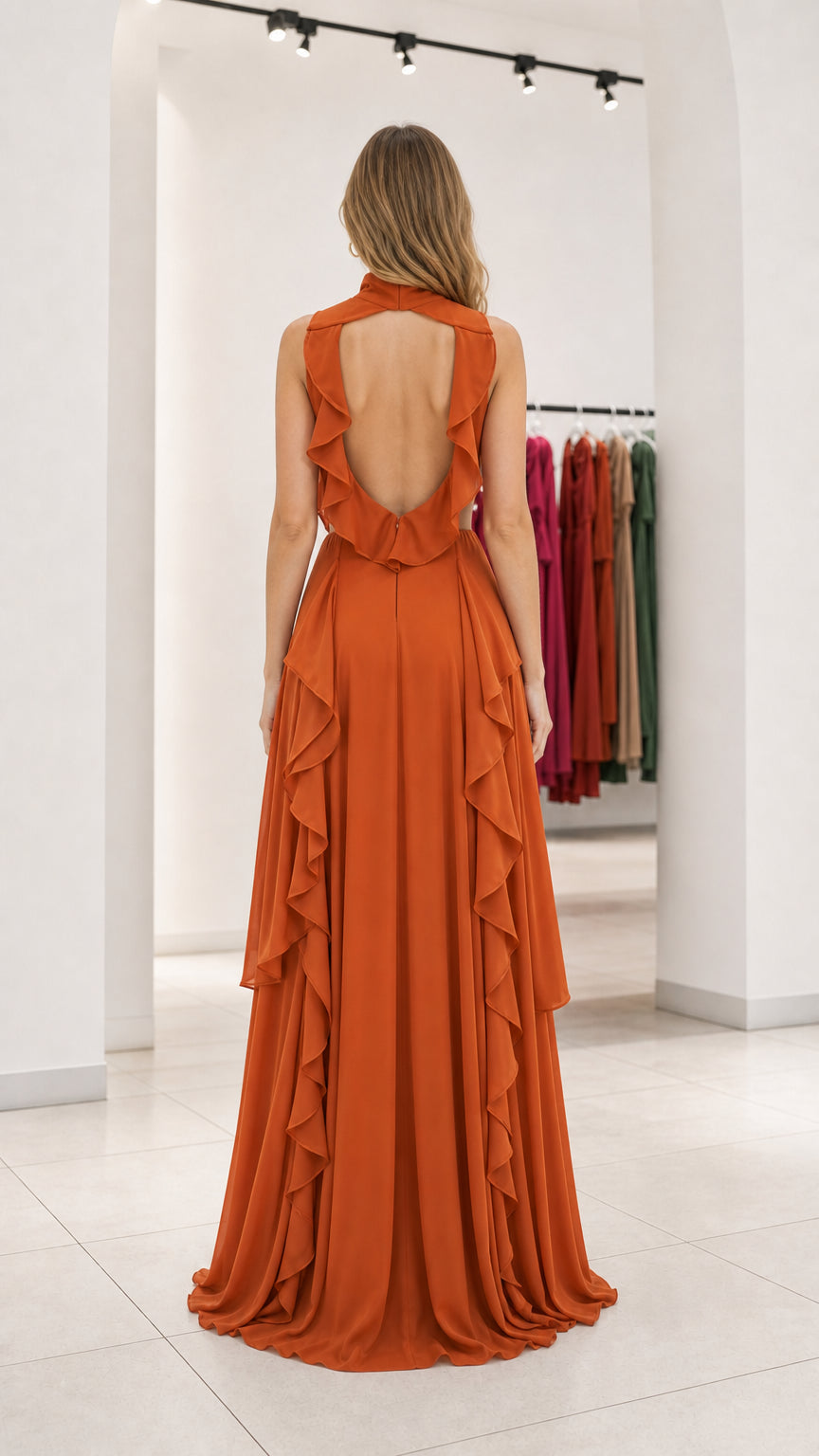 Back view showing open back and ruffles on rust orange dress