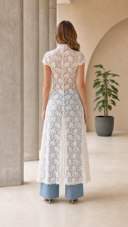 Back view of white lace long cardigan