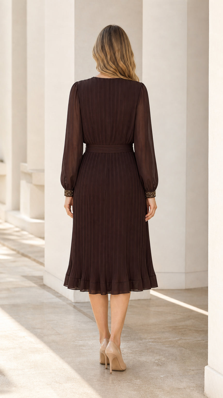 Back view of dark brown long sleeve midi dress