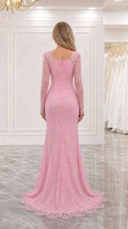 Back view of blush pink floral lace evening gown with sweep train