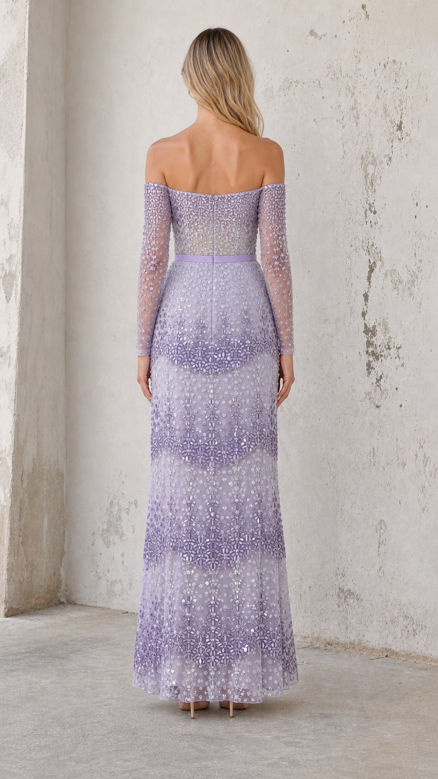 Model wearing lavender sequin gown, back view