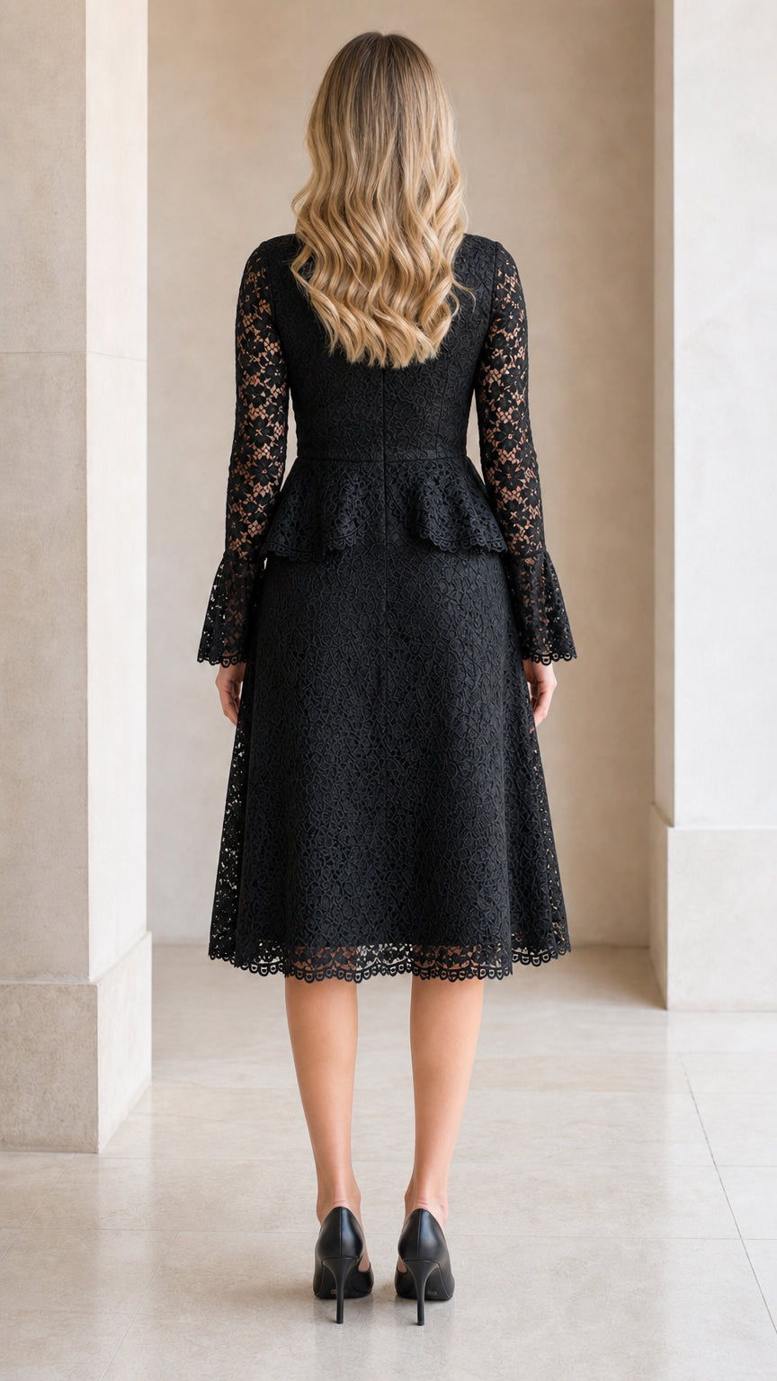 Back view of model wearing black floral lace peplum midi dress