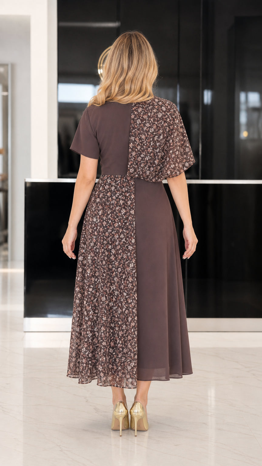 Back view of woman wearing mocha brown floral patchwork A-line midi dress