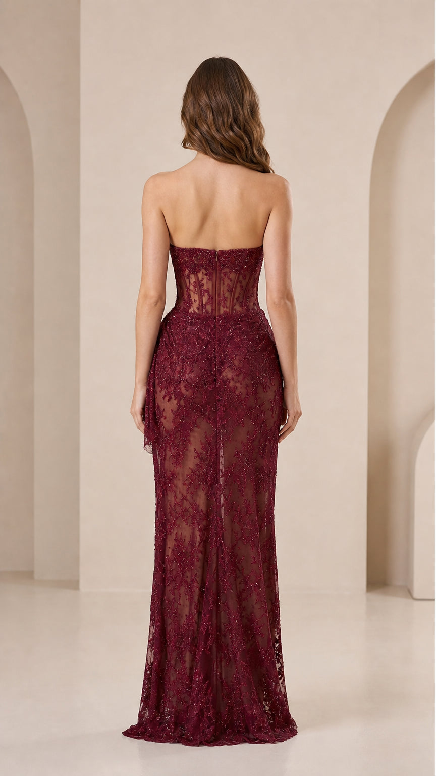 Back view of burgundy lace evening dress