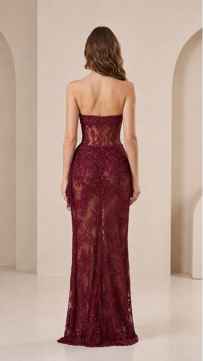 Back view of burgundy lace evening dress
