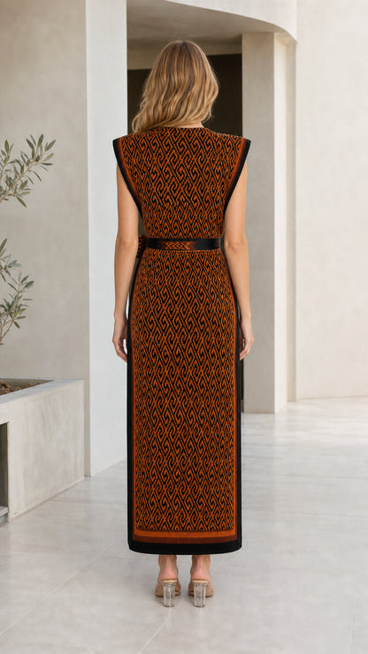 Back view of model wearing Rust Brown geometric knit belted maxi dress