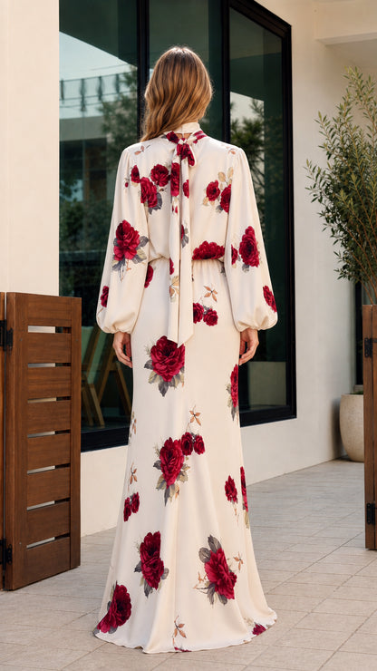 Back view of cream floral maxi dress highlighting back neck tie bow and blouson waist