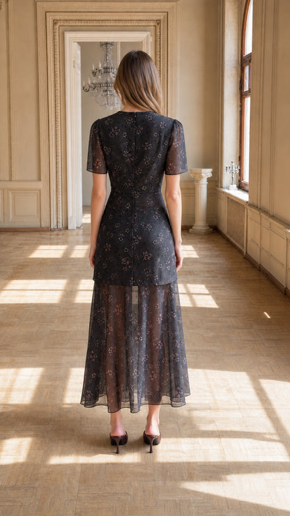 Floral Draped Cowl Neck Maxi Dress in Black full back view
