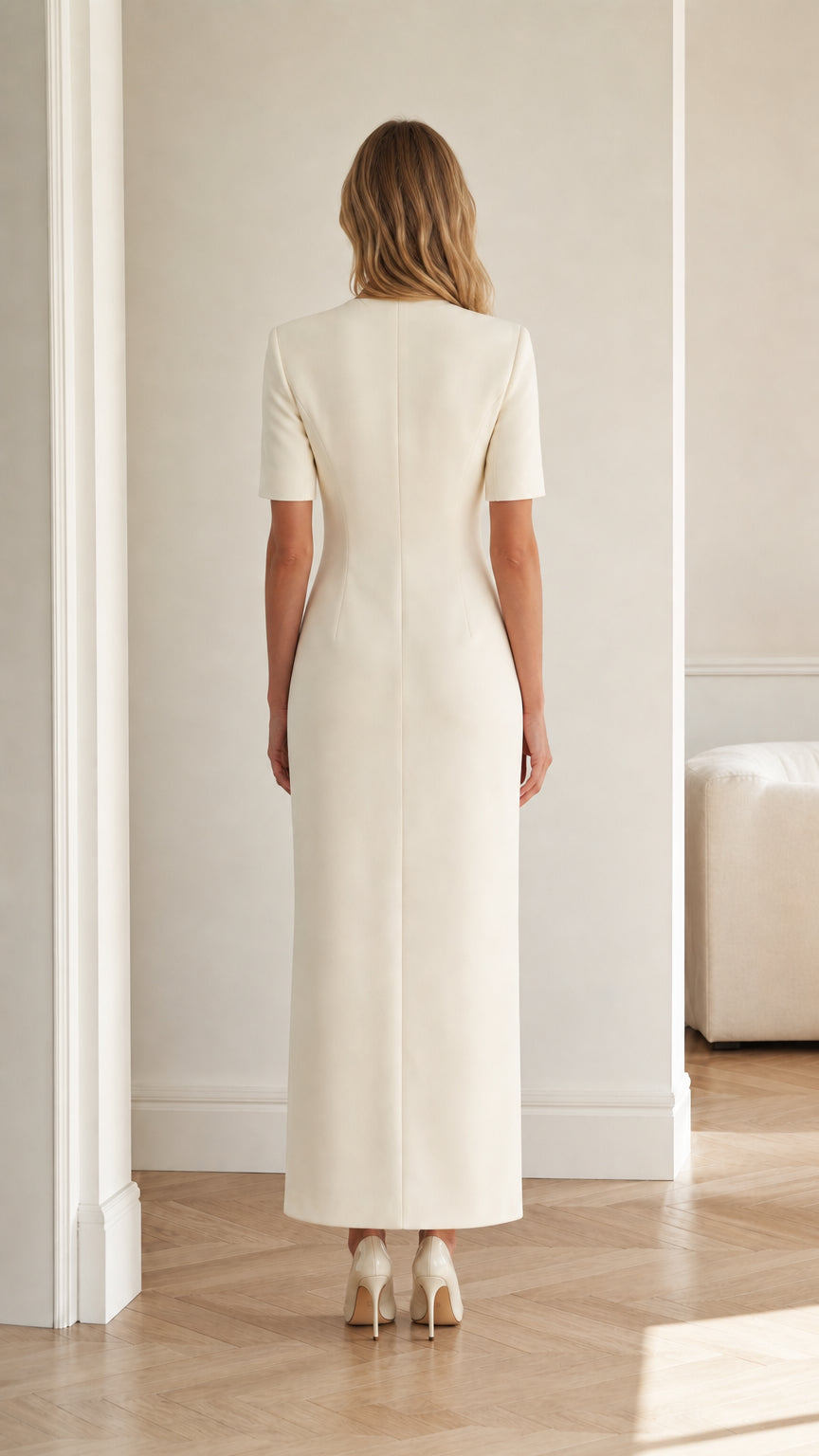 Back full view of ivory fitted column maxi dress with clean tailored seams