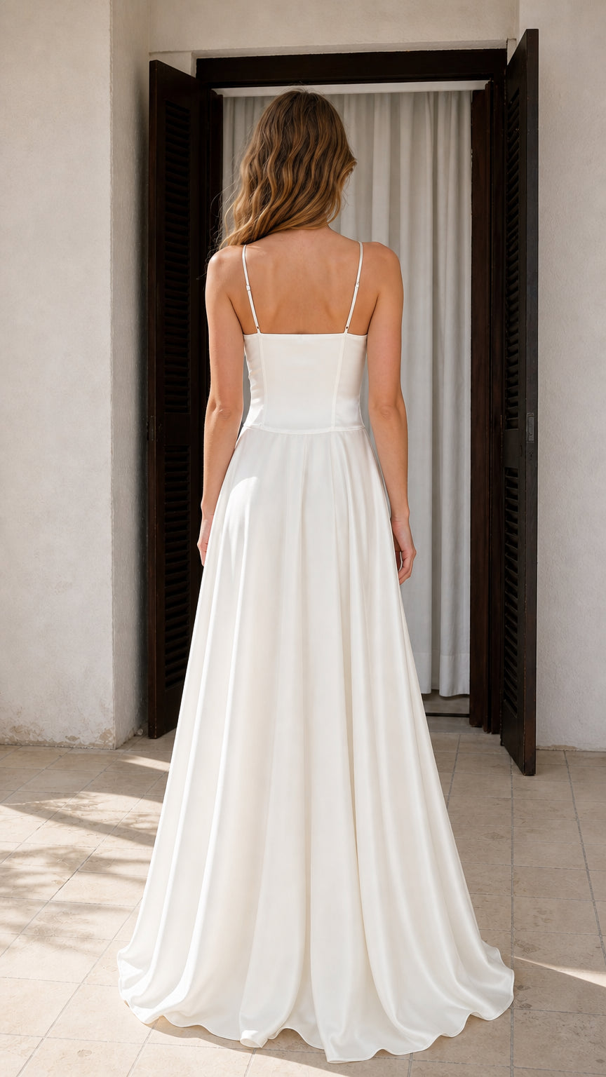 Back view of Ivory satin spaghetti strap maxi dress showing drape