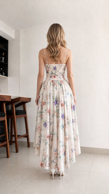 Back view of woman wearing cream floral high-low dress