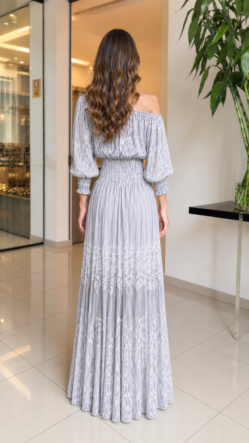 Back view of Light Grey one-shoulder maxi dress