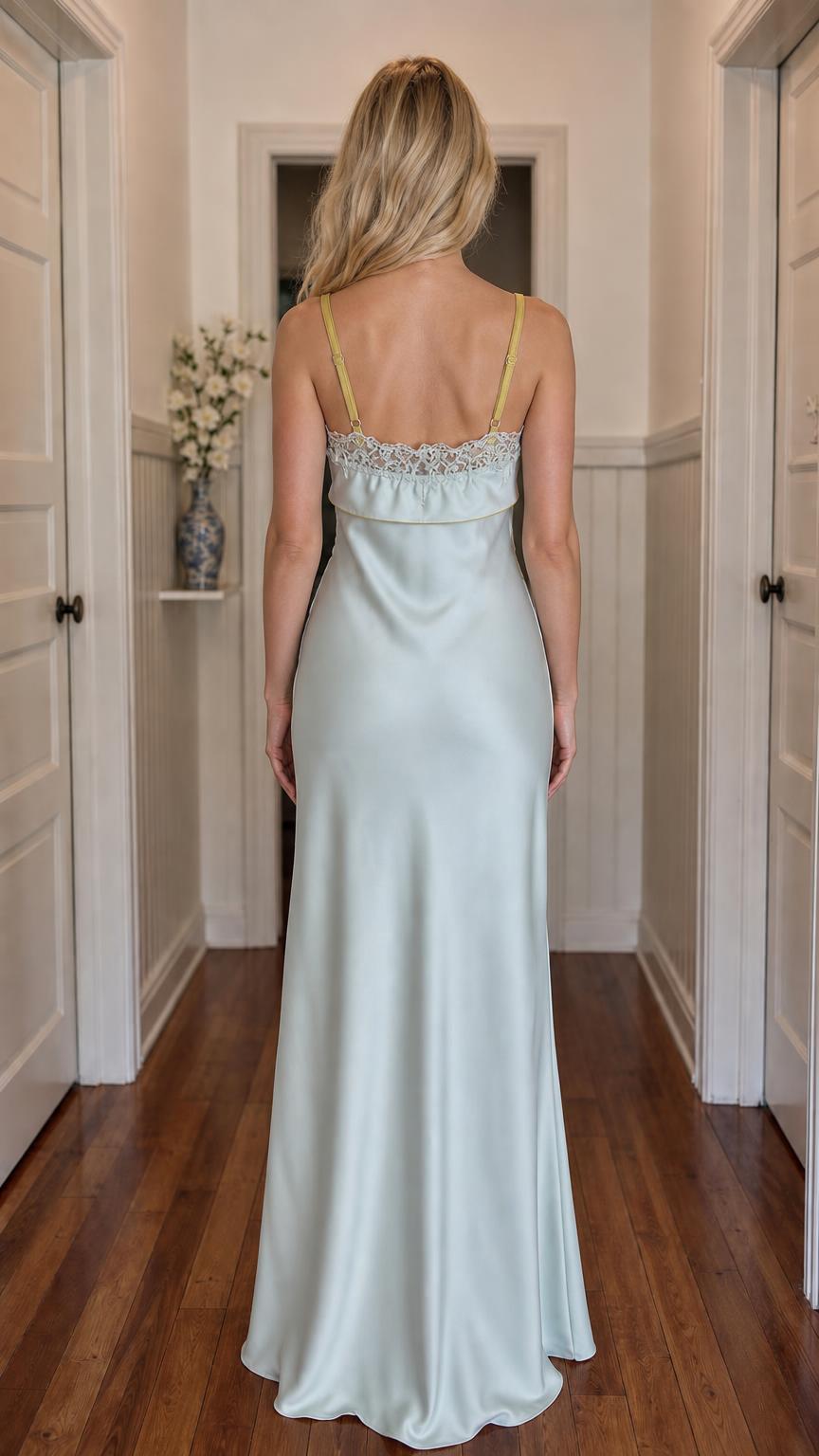 Back view of sage green satin maxi slip dress