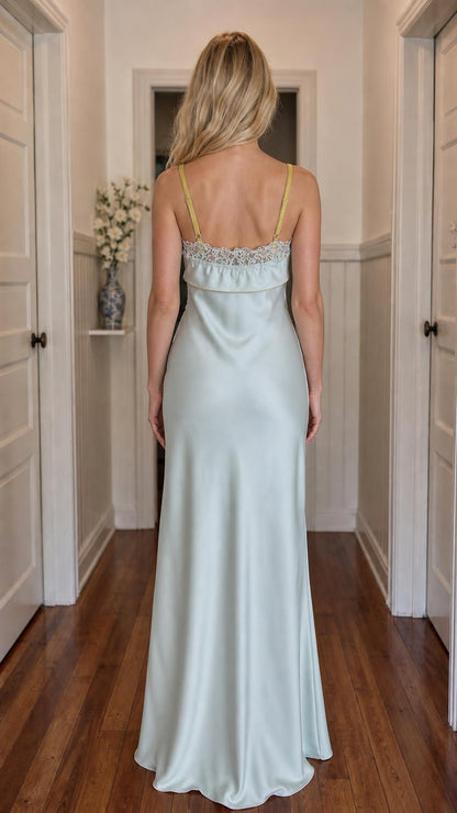Back view of sage green satin maxi slip dress