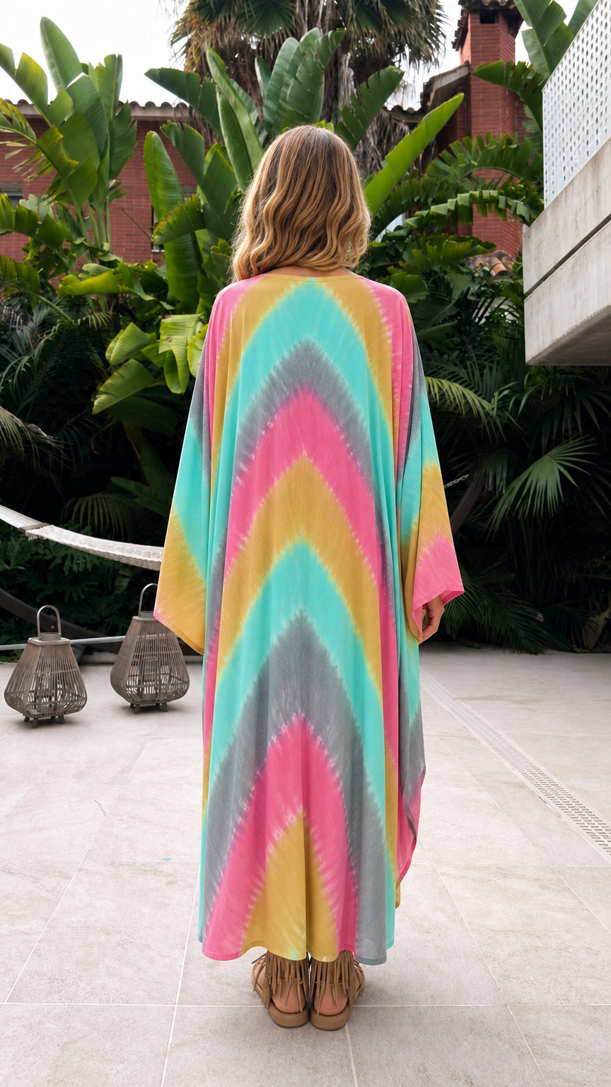 Back view of model showcasing the chevron pattern tie-dye kaftan